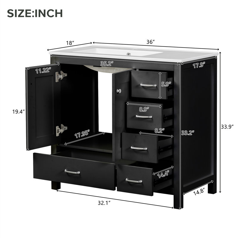 Meuble-lavabo simple 36 po avec portes et tiroirs à fermeture en douceur, Noir, Argent argent