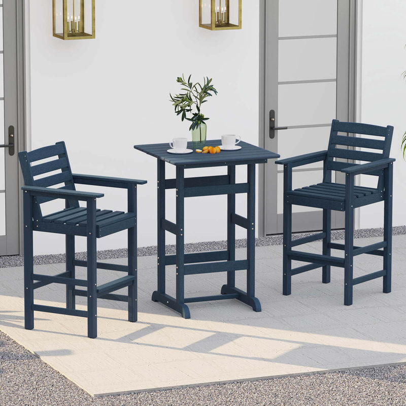 3-Piece Patio HDPE Bar Set Armchairs with Square High-Top Table Footrest Backrest , Navy