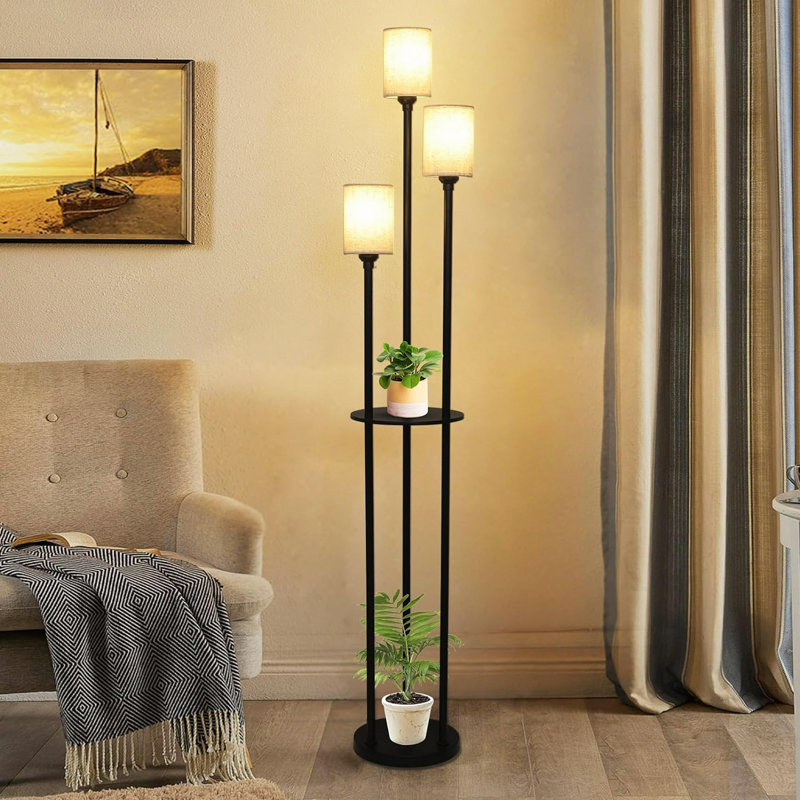 Floor Lamp With Shelves, Modern Floor Lamps For Living Room, 3-Lights Standing Lamp With Linen Shade And Foot Switch, Industrial Standing Lamps For Bedroom