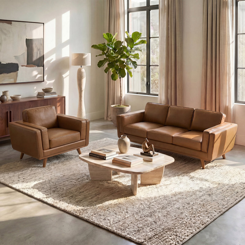 2-Piece Upholstered Square Arm Sofa Set, Brown, 2 Pieces: Sofa, Chair