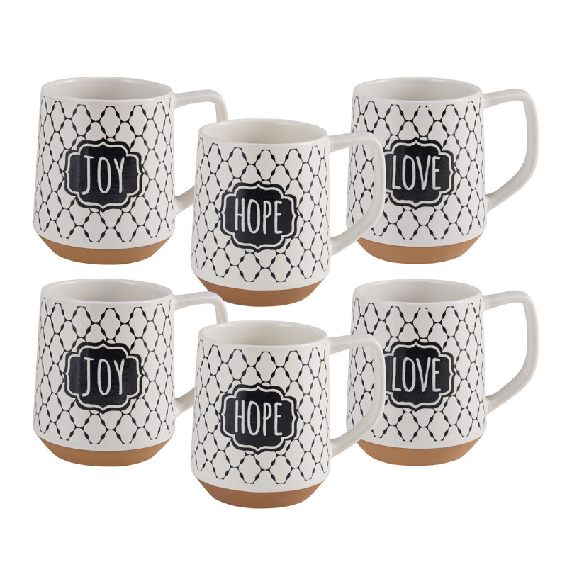 Set of 6 White Ceramic Mugs with Inspirational Words
