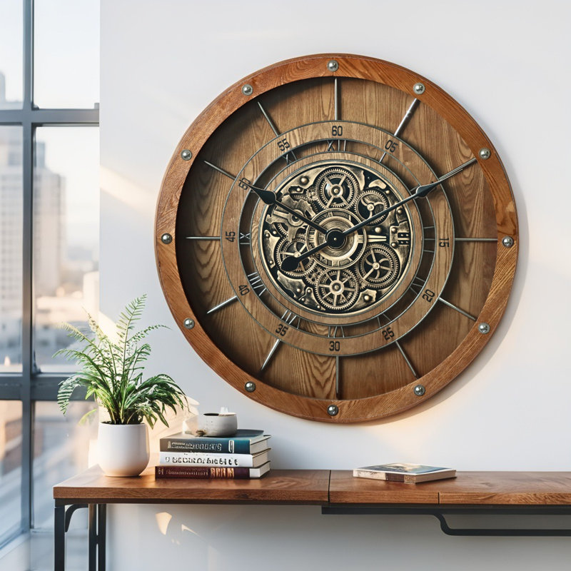 THE GEARS CLOCK Wall Clock with Real Moving Gears FR-LI_ 32 in Round, Vintage Brown