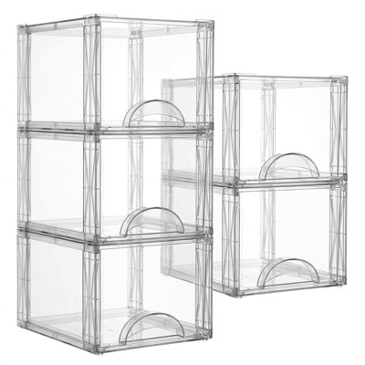 Bac de rangement empilable en plastique transparent avec porte avant incurvée, organisateur multi-usages pour chaussures, jouets et articles ménagers