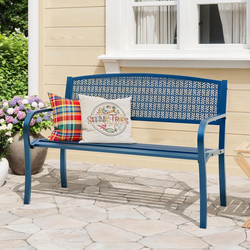 Heavy Duty 50 Inch Garden Bench, Ergonomic Metal Outdoor Bench for Outside Seating, Modern Patio Furniture with Geometric Pattern, Weatherproof Seating for Yard, Deck and Porch