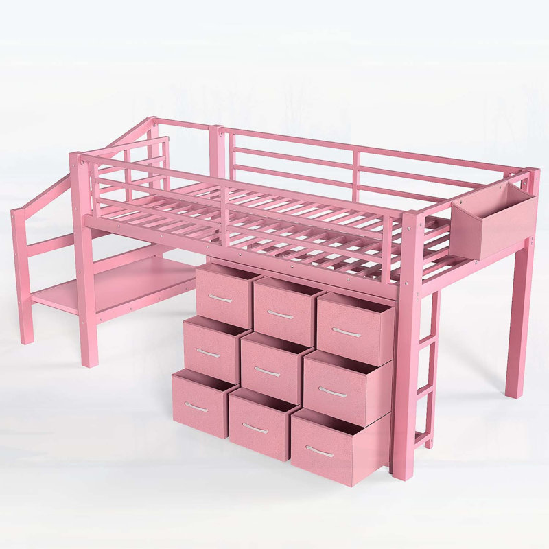 Twin Low Loft Bed with Multi-Storage Spaces, Including Fabric Drawers, Fabric Shelves, Storage Stairs, and Integrated Lights, Ideal for Small Rooms