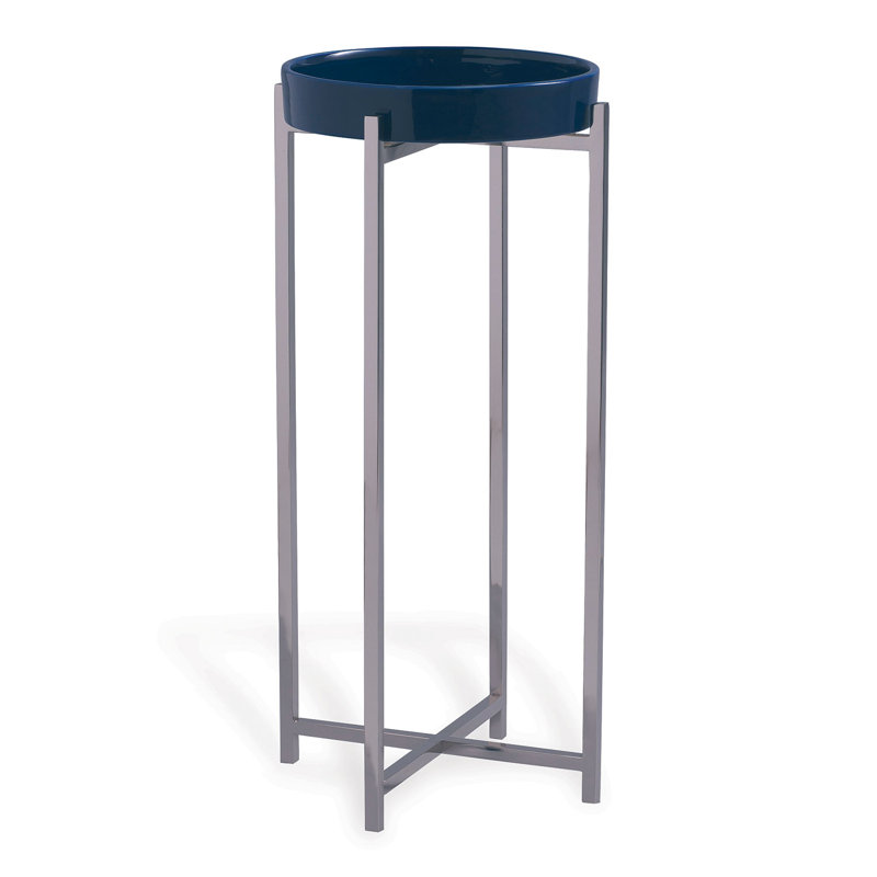 Navy Blue Porcelain Tray Top End Table with Nickel Frame