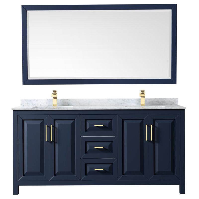 Daria 72'' W Double Vanity, White Cultured Marble, Dark Blue, Brushed Gold