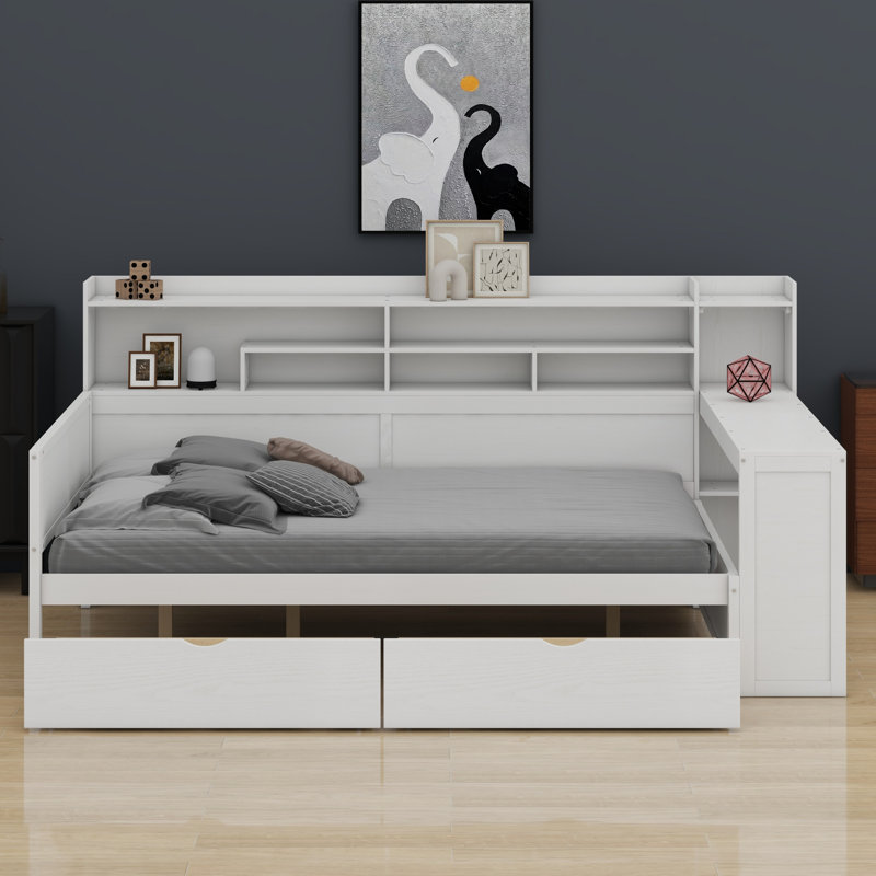 Wooden Daybed With Storage Shelves,Two Storage Drawers And Study Desk, Full / Double, Antique White