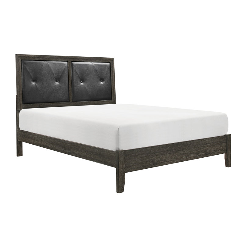 Élégant lit pour grand lit gris foncé avec tête de lit en similicuir doux et base en bois robuste pour une retraite, Brun