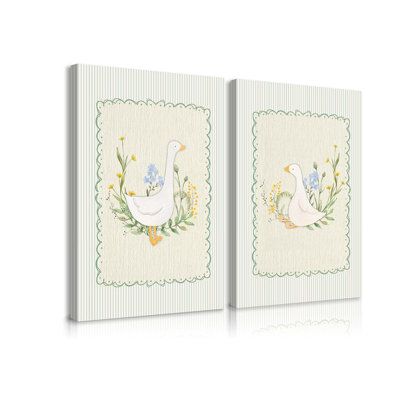 Vintage Nursery Goose Wall Art Decor Baby Girl Room Canvas Poster Sage Green Nursery Art Prints Silly Goose Wall Decor Sweet Floral Painting Boys Animal Pictures Bedroom 12X16 Inch Ready To Hang 2Pcs