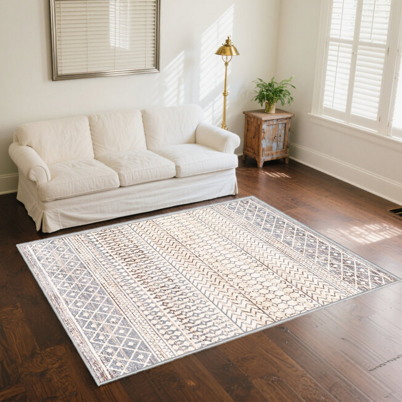 Bimlesh Boho Tribal Indoor Area Rug in Beige and Blue for Bedroom and Living Room, Rectangle 6' x 9'