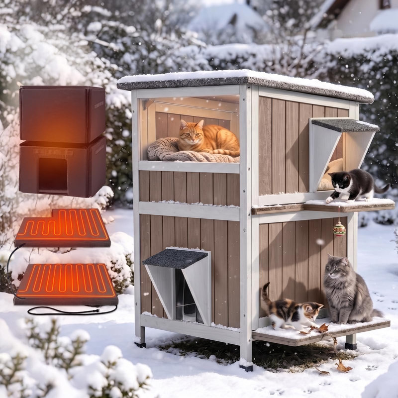 2-Story Heated Outdoor Cat House for Winter, Insulated Cat House for Outdoor Indoor, Weatherproof Cat Shelter with Warm Liner for Feral & Stray Cats