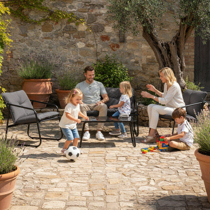 Patio 4-Piece Metal Sling Conversation Set With Grey Cushions, Gray