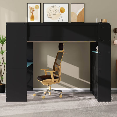 Full Size Gamer Bunk Bed With Height-Adjustable Desk, Wardrobe And RGB Light, Wooden Bunk Bed