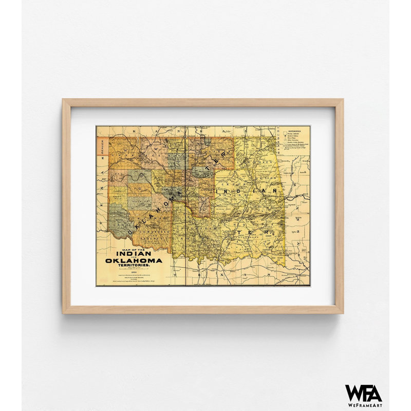 Impression de carte de l'histoire des Indiens et de l'Oklahoma, Indien et Oklahoma, 1892, carte de territoire indien, carte historique de l'Oklahoma
