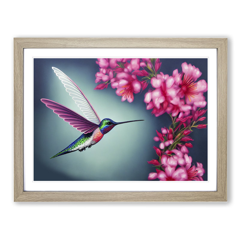 Floral Hummingbird - Framed Print, 46cm H x 64cm W x 2cm D, Oak Framed