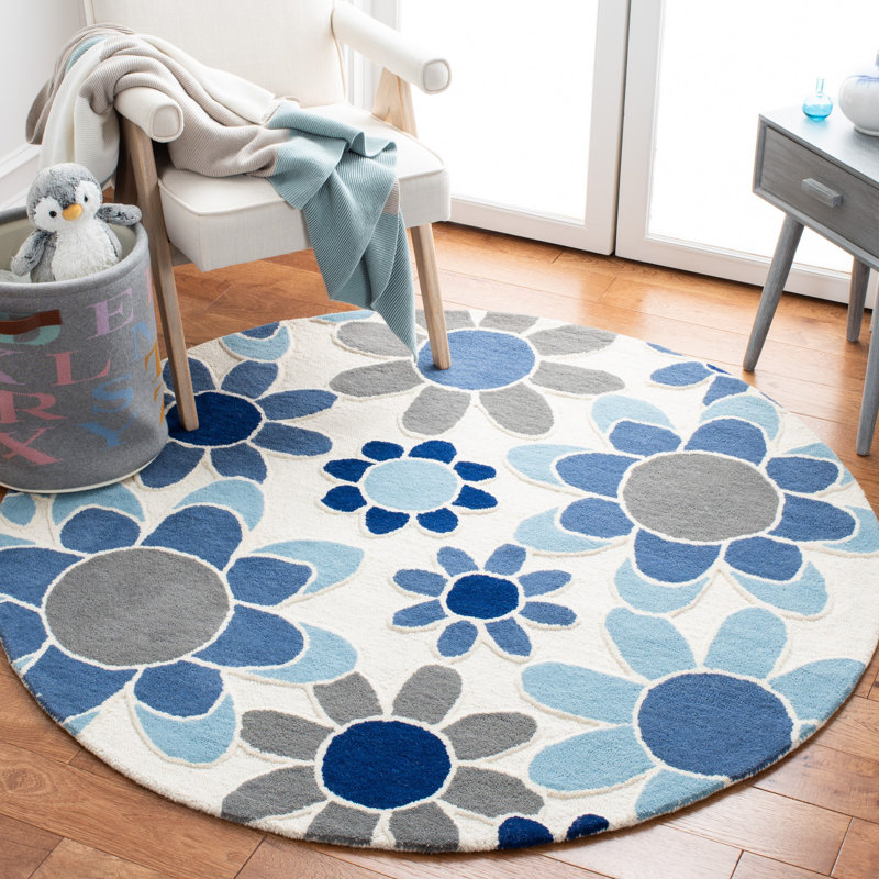 Tapis gris / bleu en laine touffeté à la main Asdvadzadur, Rond 5 pi
