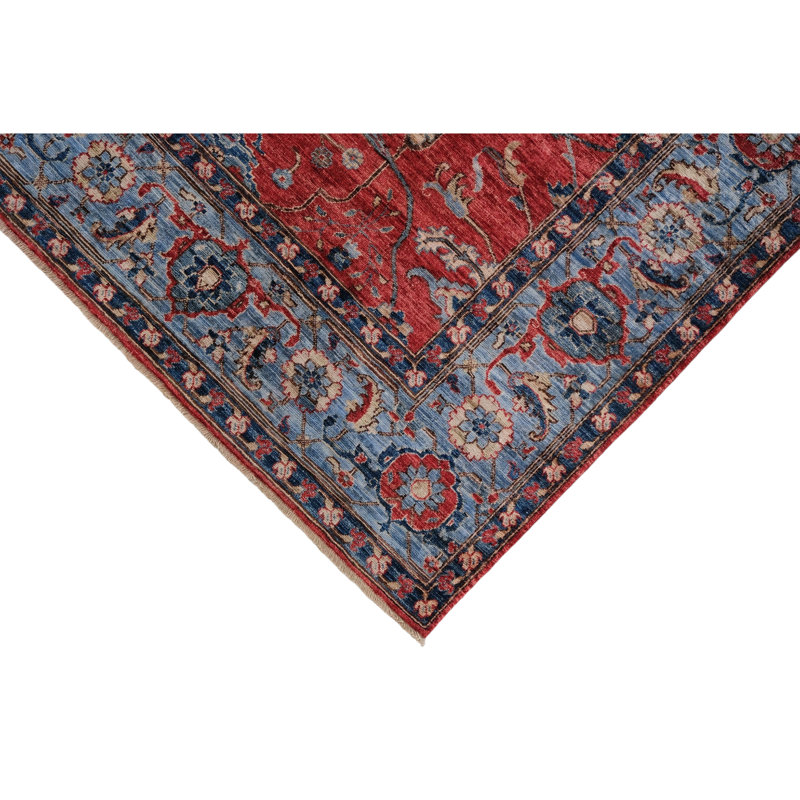 Tapis rouge et bleu noué à la main de haute qualité
