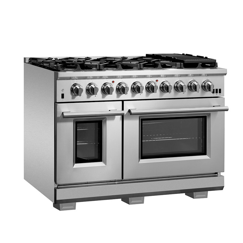 Capriasca - Cuisinière à double combustible de 48 po en acier inoxydable, 8 brûleurs en laiton, 6,58 pieds cubes Fours doubles