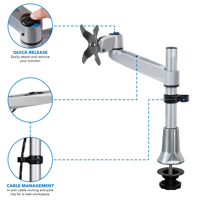 Silver Adjustable Single Monitor Desk Mount with Grommet Clamp