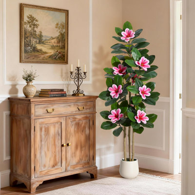 Realistic Artificial Magnolia Tree – 5FT Faux Floor Plant with Pink Magnolia Flowers, Real Touch Green Leaves, Multi-Trunk, Decorative Potted Plant for Home, Bedroom, Living Room, Office
