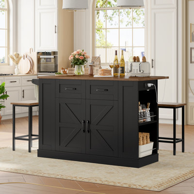 3 Pieces Farmhouse Kitchen Island Cart with Power Outlets, 2 Stools & Drop-Leaf Top | Mobile Serving Cart with Storage & Removable Wheels