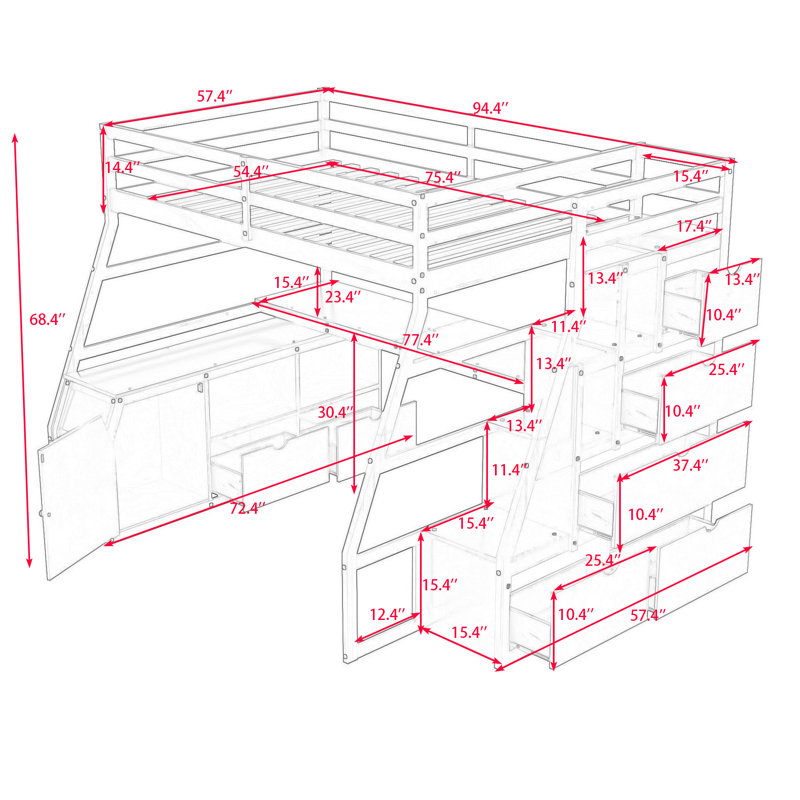 Lit mezzanine double avec 7 tiroirs et bureau Kayliana, gris