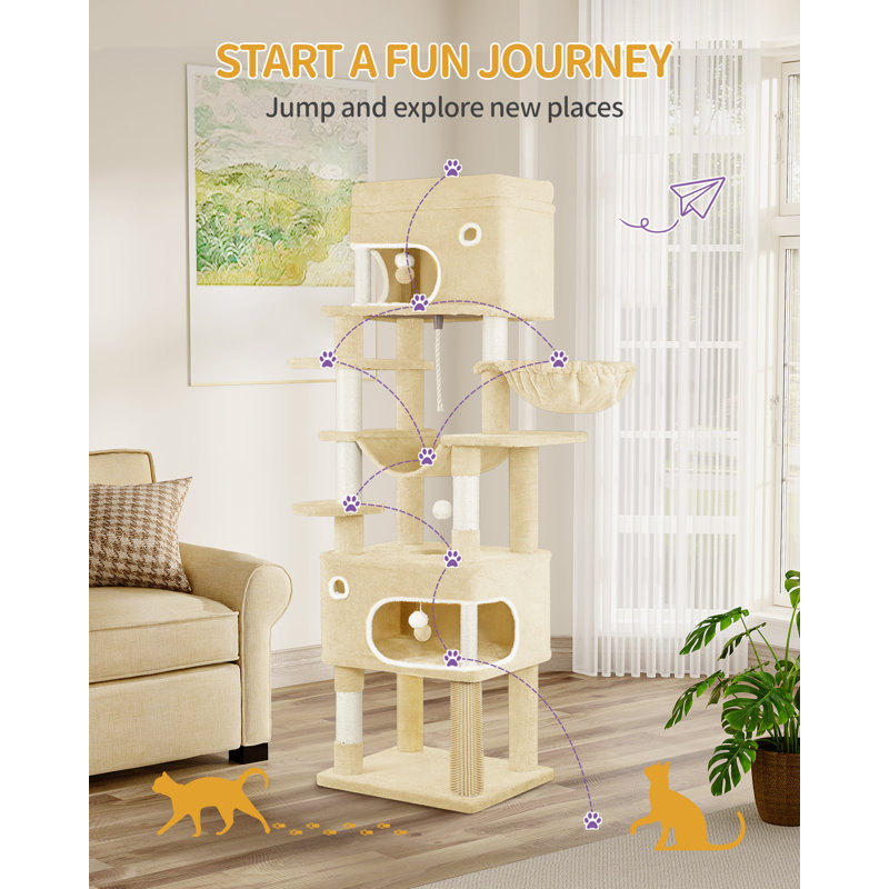 Cat Tree for Indoor Cats, Multi-layer Scratching Post with Large Platform, 2 Caves, 7 Sisal Posts, Pompoms, Cat Basket, Hammock, Suitable for Cats
