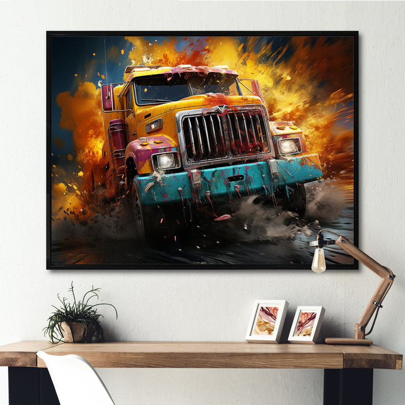 «Expressionist Monster Truck Fury II» sur toile, H 30 po x l 40 po x P 1,5 po, Cadre flottant noir
