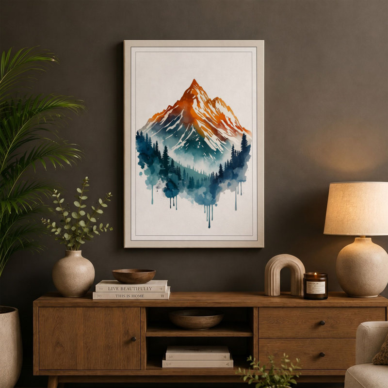 Mountain in White Boho - Wrapped Canvas, 36x24 - 91.4 x 61.0 cm, Cream Border