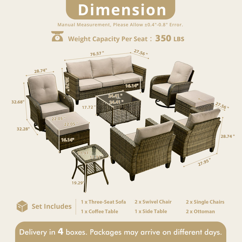 Ensemble de conversation d'extérieur en osier 9 pièces avec table basse lumineuse et chaises berçantes pivotantes, ensemble de meubles toutes saisons avec coussins