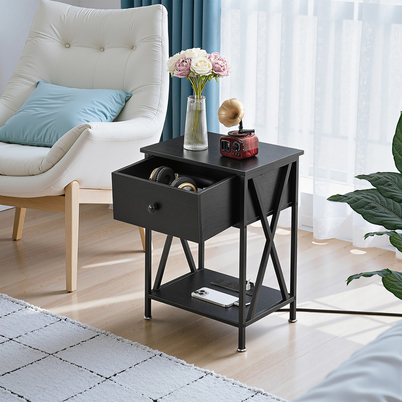 Table de chevet industrielle noire avec station de charge, table de chevet rustique, Noir, Individuel