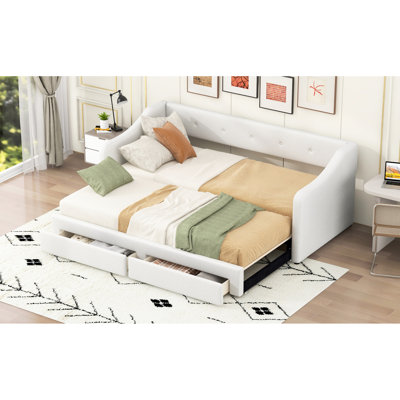 Beige, extensible, rembourré, lit de jour simple TG très grand, tiroirs coulissants, support ergonomique pour le dossier et l'accoudoir, très grand tissu doux, surfaces de tiroir rembourrées, confortable