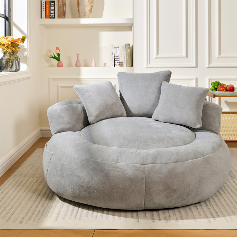 Compression 52" W Oversize Adult Round Faux Fur Foam Filled Bean Bag Sofa With 3 Back Pillows, Gray Faux Fur