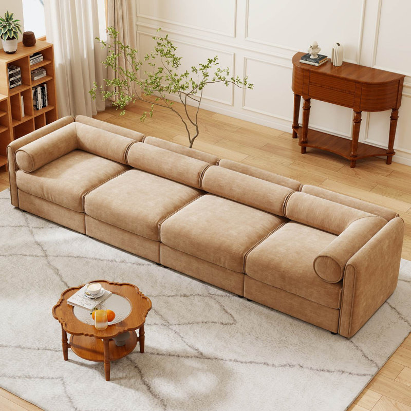 Upholstered Modular Sofa With Storage Seats, Camel, 27.9" H x 142.5" W x 37.4" D