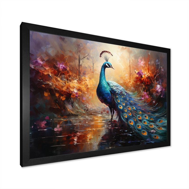 «Peacock Expressionist Portrait II», art mural sur toile paon, Cadre simple noir, H 34 po x l 44 po x P 1,5 po