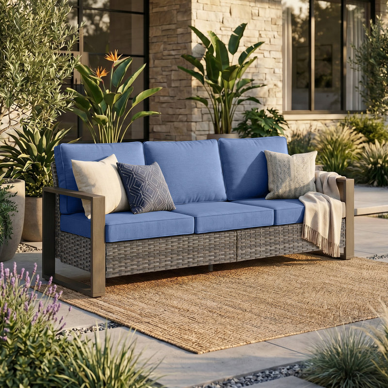 Allcot Patio Outdoor PE Wicker Sofa With Cushions, Blue, Gray
