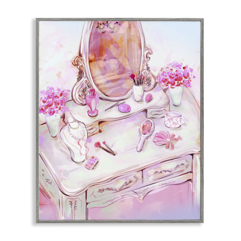 Vue de coiffeuse rose pastel encadrée, estampe numérique, design par Ziwei Li, H 14 po x l 11 po, Estampe numérique Farmhouse