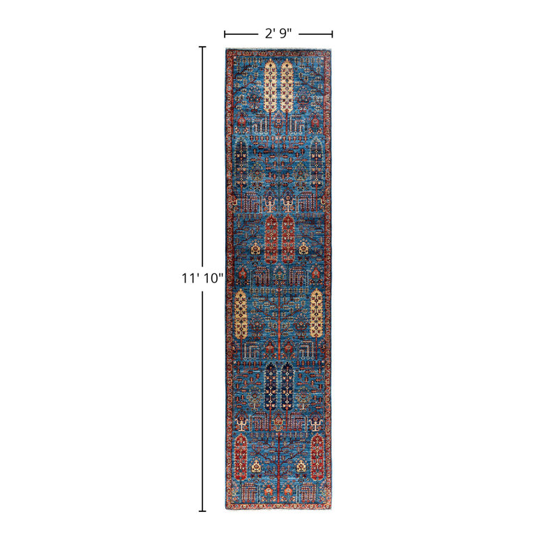 Tapis de couloir noué à la main de conception unique Serapi - bleu clair, 2 pi 9 po x 11 pi 10 po