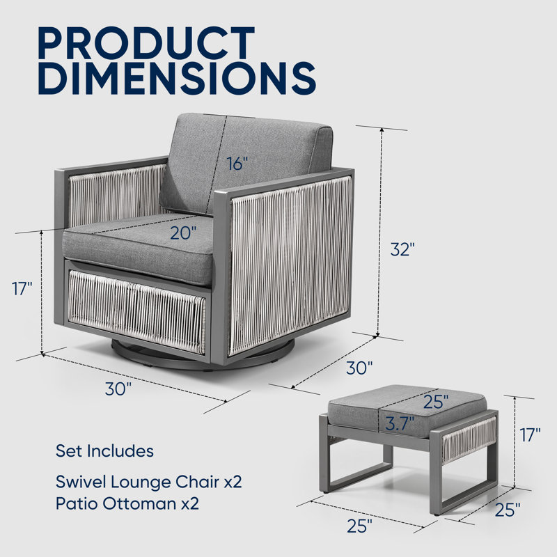 Fauteuils oscillants d'extérieur avec repose-pieds et coussins Trinie, Gris clair