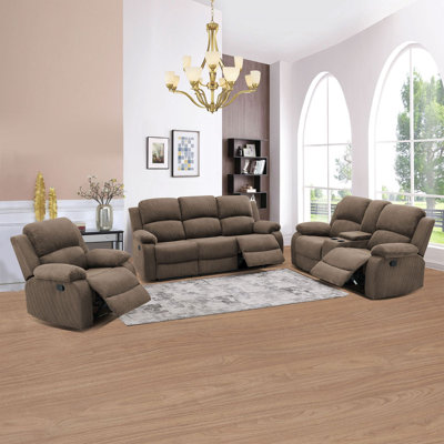 Ensemble 3 pièces de canapé inclinable et fonctionnel en velours côtelé brun Comfy