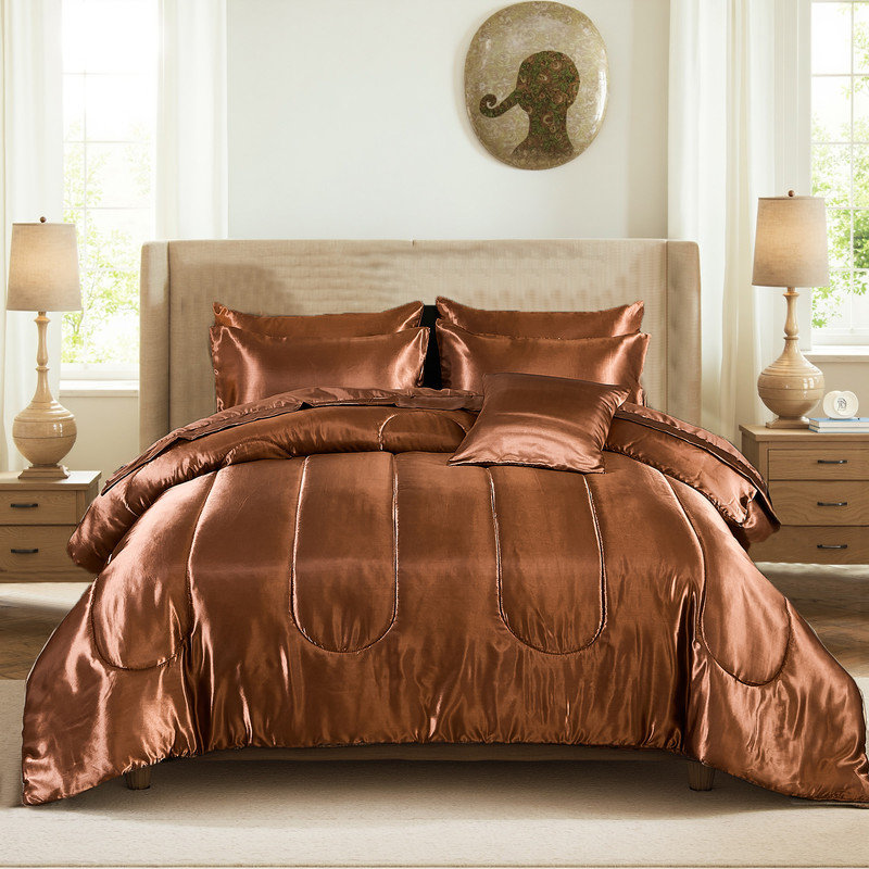 Ensemble d'édredon en satin pour grand lit 8 pièces, Édredon grand + 7 articles supplémentaires, Café