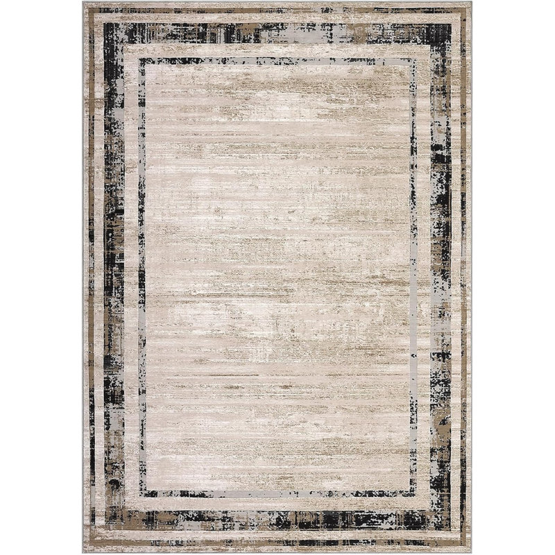 Washable Modern Distressed Edge Thin Indoor Rug, Low Pile Area Rug with Stain Resistant Surface, Non Slip Backing & Easy Clean for Living Room, Bedroom, Home Office, Entryway