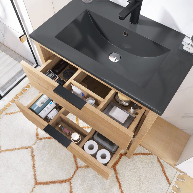 Meuble-lavabo autoportant de 30 po avec tiroirs et tablette ouverte, armoire imitation chêne avec vasque en céramique noire