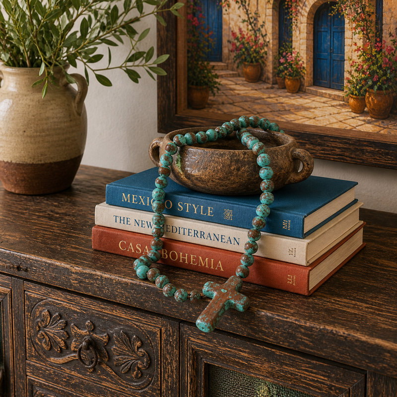 Natural, Hand Fired Clay Rosary With Cross, 22" H x 3" W x 1" D, Teal