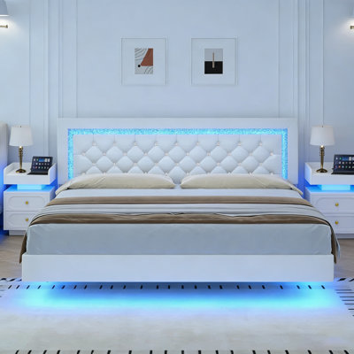 Modern LED Bedroom Furniture Set – Floating Bed & 2 LED Nightstands with Charging Station