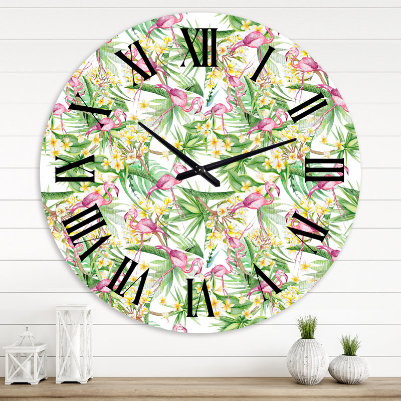 Horloge murale moderne feuillage tropical, fleurs jaunes avec flamant II, Moyenne