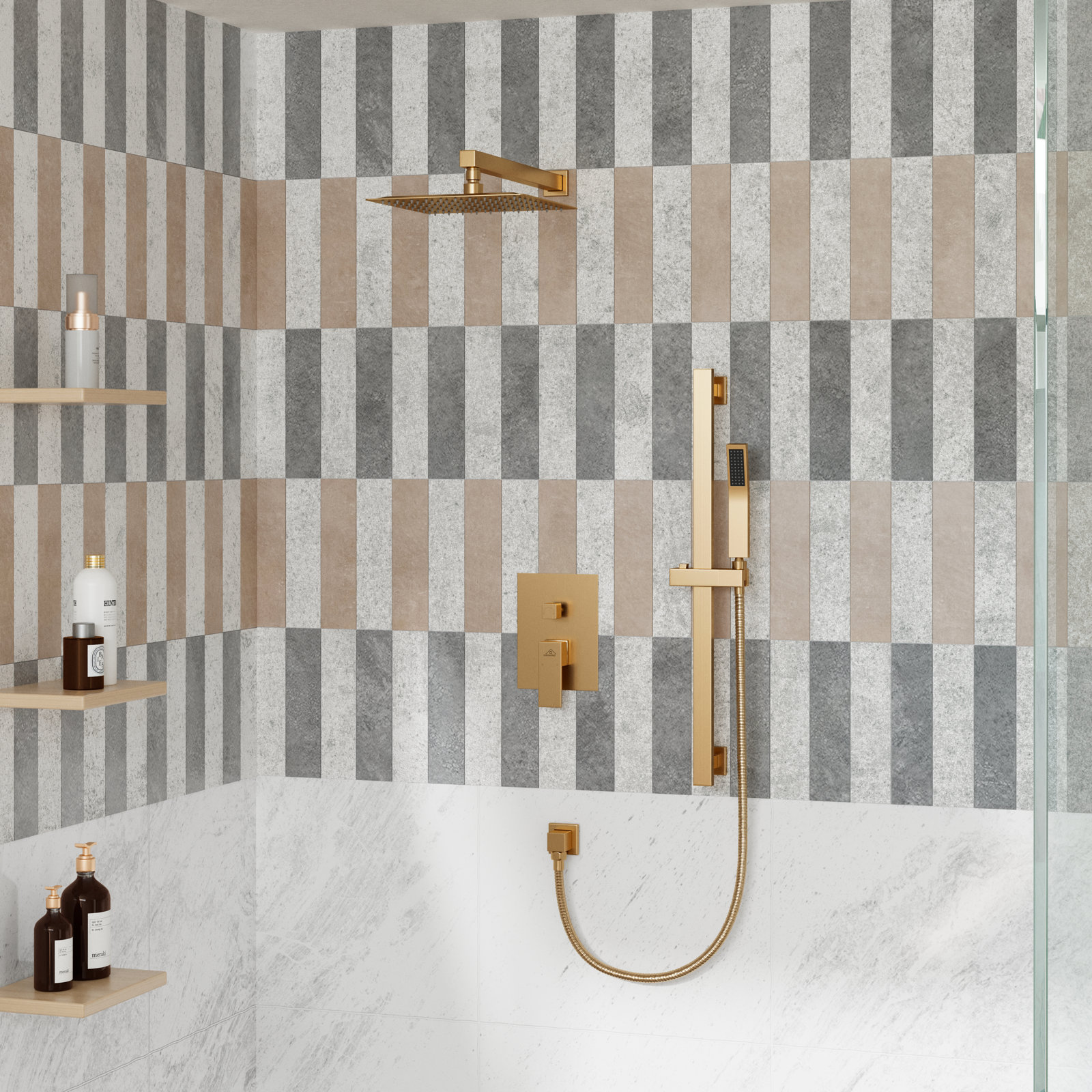 Slidea Complete Rainfall Shower System with Rough in-Valve and Slide Bar, Brushed Gold