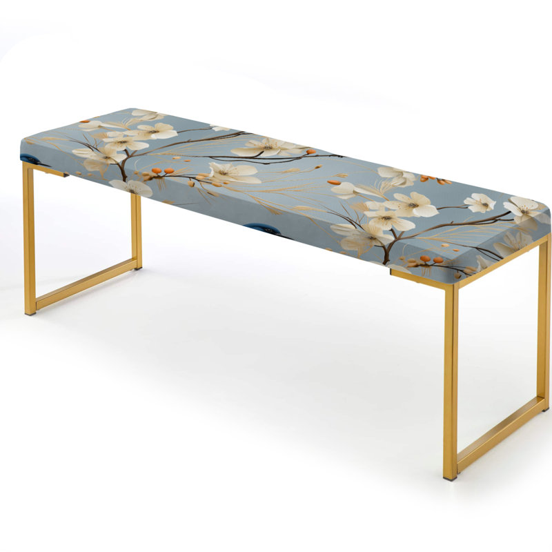 Paradis d'oiseaux bleu et blanc minimaliste - Banc rembourré floral doré