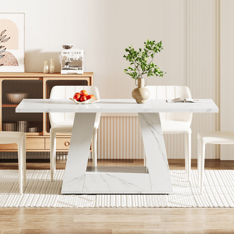White Faux Marble Rectangular Dining Table with Trapezoidal Base
